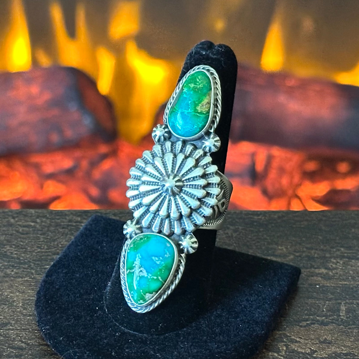 Navajo Samuel Yellowhair Sonoran Gold Turquoise Sterling Concho Ring