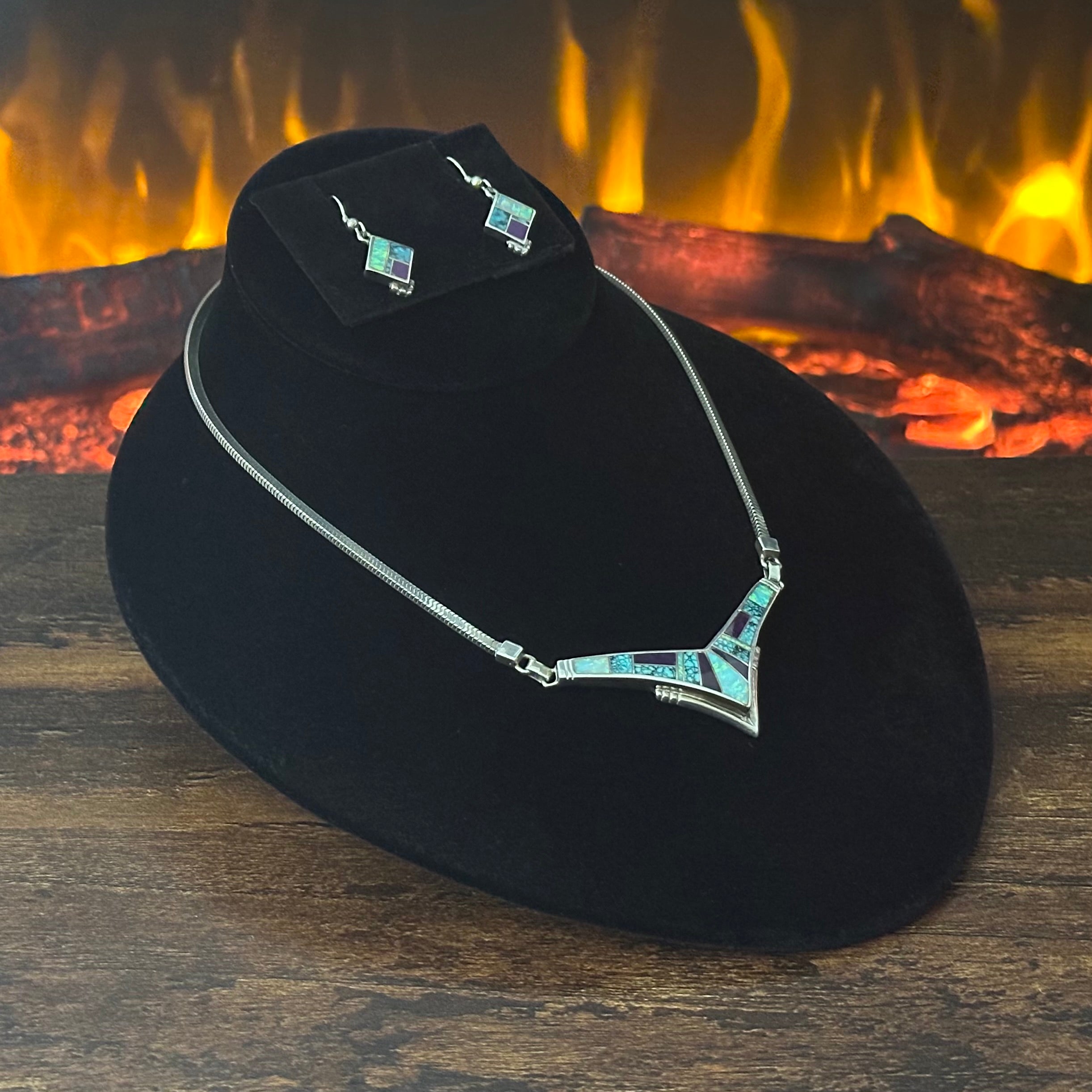 H Signed Supersmith Inc. Turquoise Sugilite Opal Sterling Inlay Chevron Necklace Earrings Set