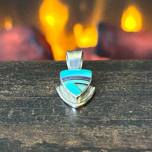 A Francisco Signed Turquoise Sugilite Opal Sterling Triangular Inlay Pendant