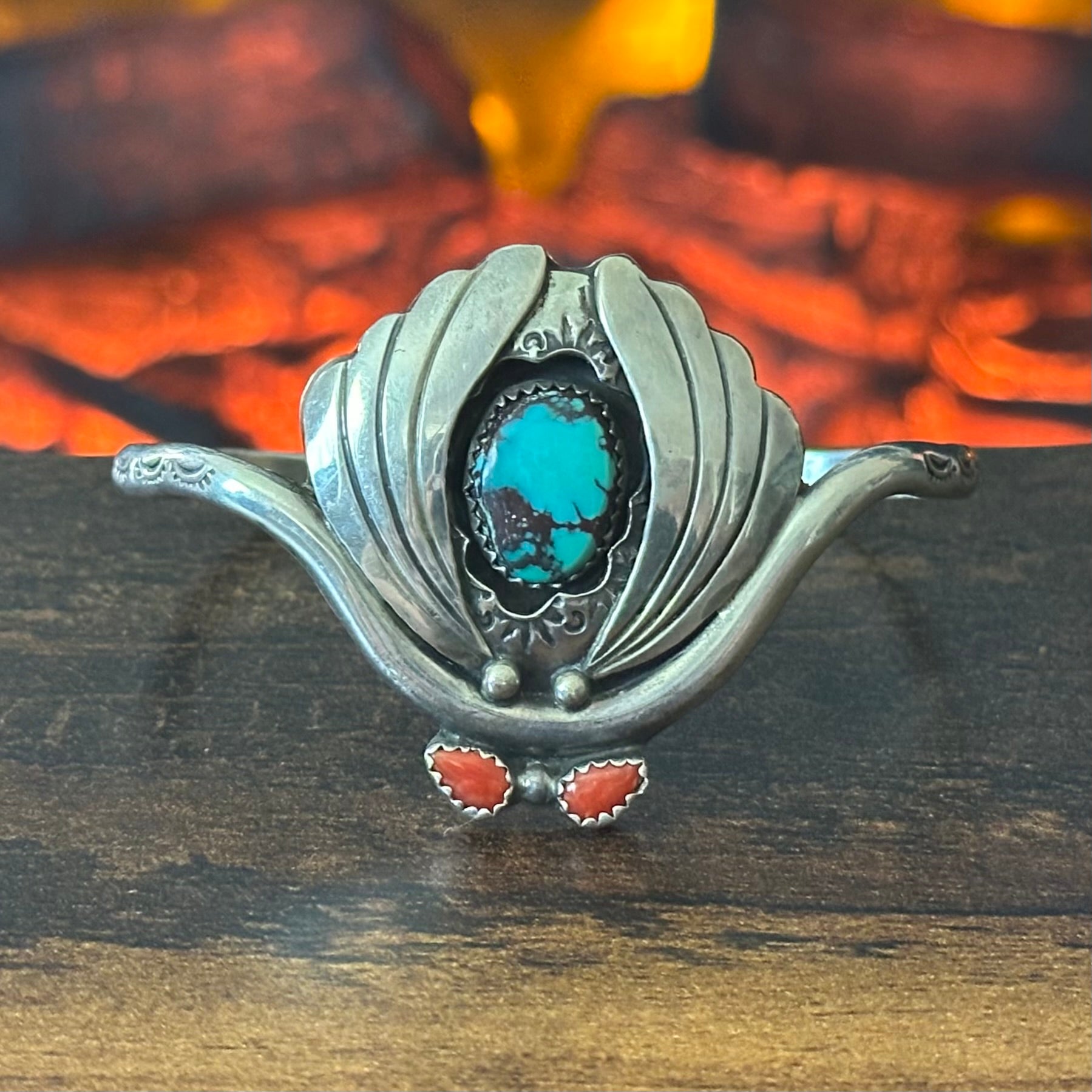 Bisbee Blue Electropen Signed Turquoise Red Coral 3 Stone Sterling Shadowbox Hand Stamped Cuff
