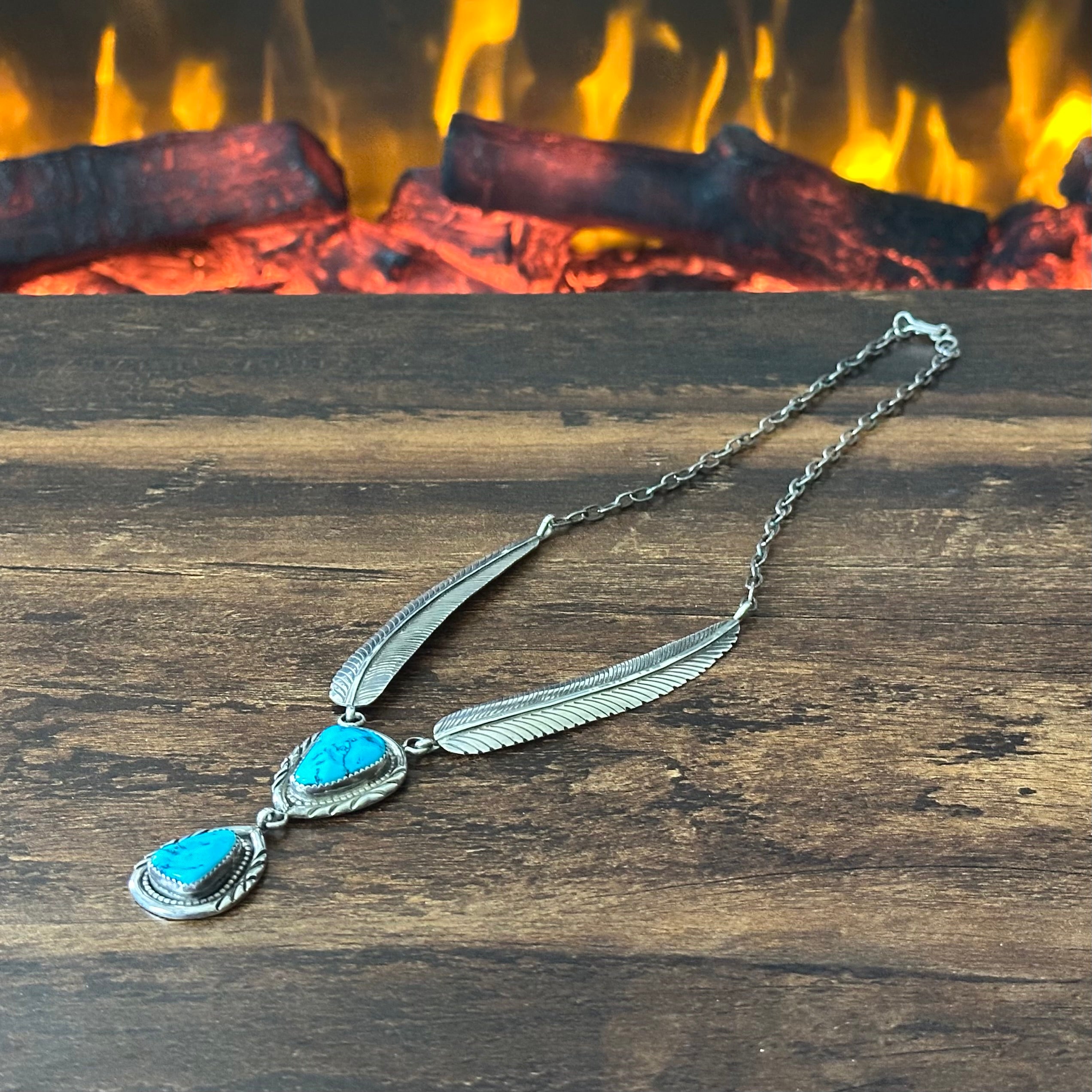 Turquoise Sterling Twist Wire Bezel Feather Statement Necklace