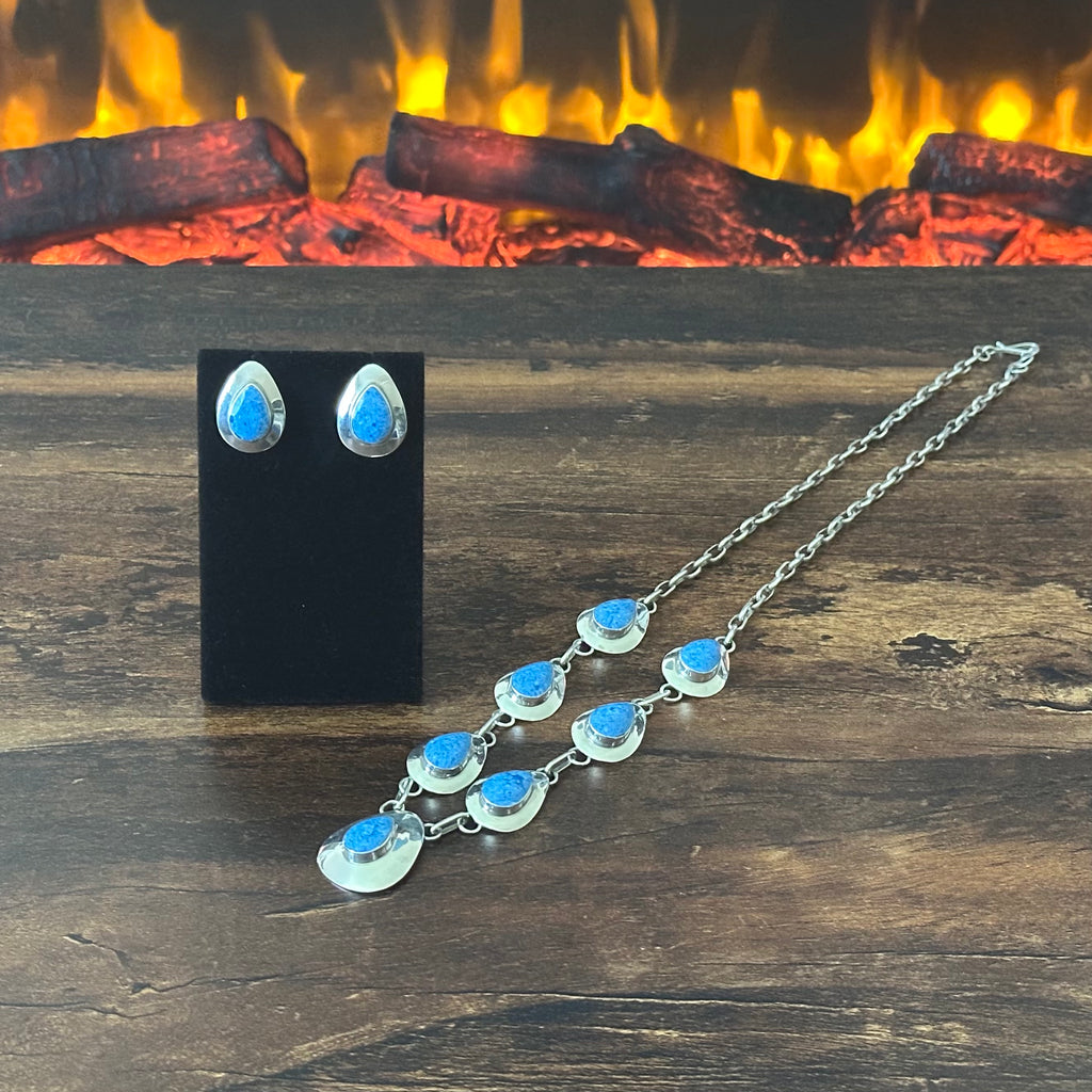 C Signed Sodalite 7 Stone Sterling Teardrop Station Necklace Earrings Set