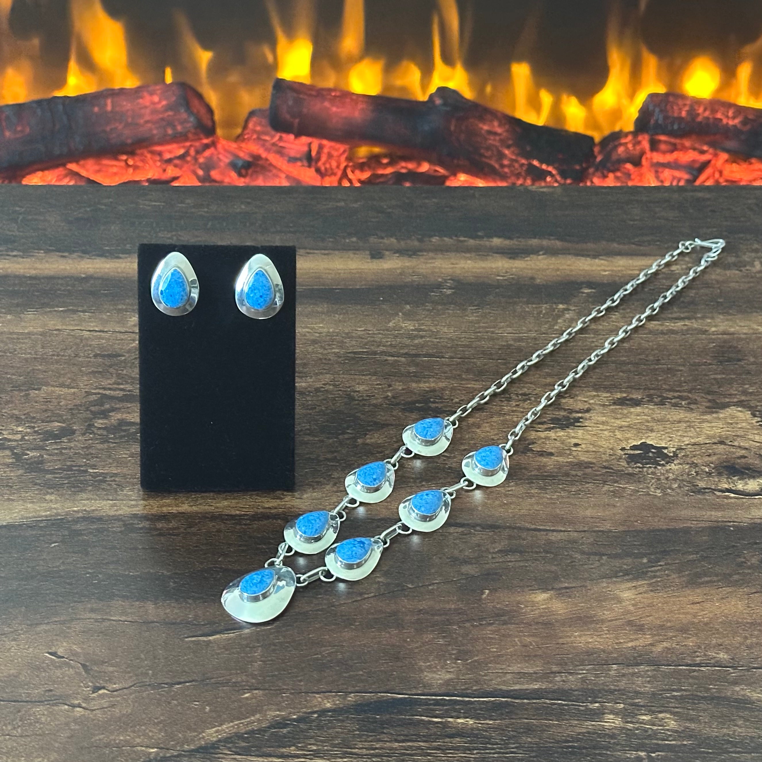 C Signed Sodalite 7 Stone Sterling Teardrop Station Necklace Earrings Set