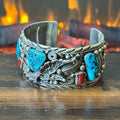 Turquoise Red Coral 5 Stone Sterling Ornate Eagle Statement Cuff