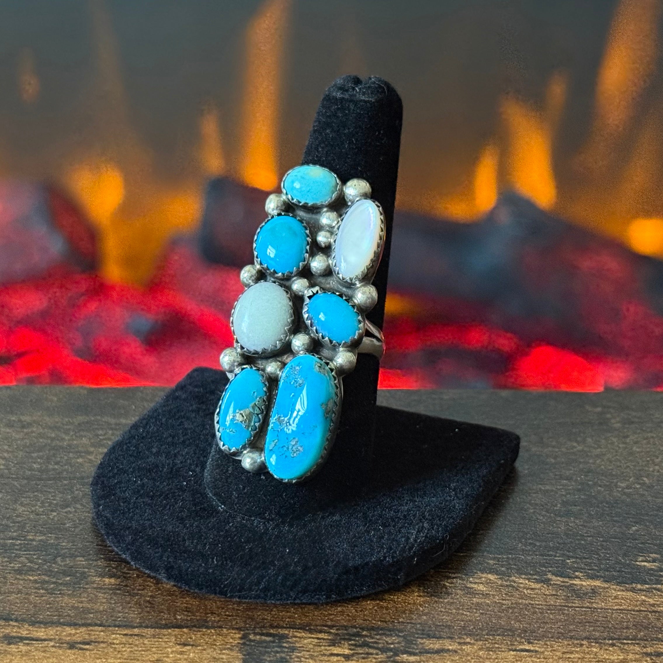 T Benally Signed Turquoise Mother of Pearl Sterling 7 Stone Cluster Raindrop Ring