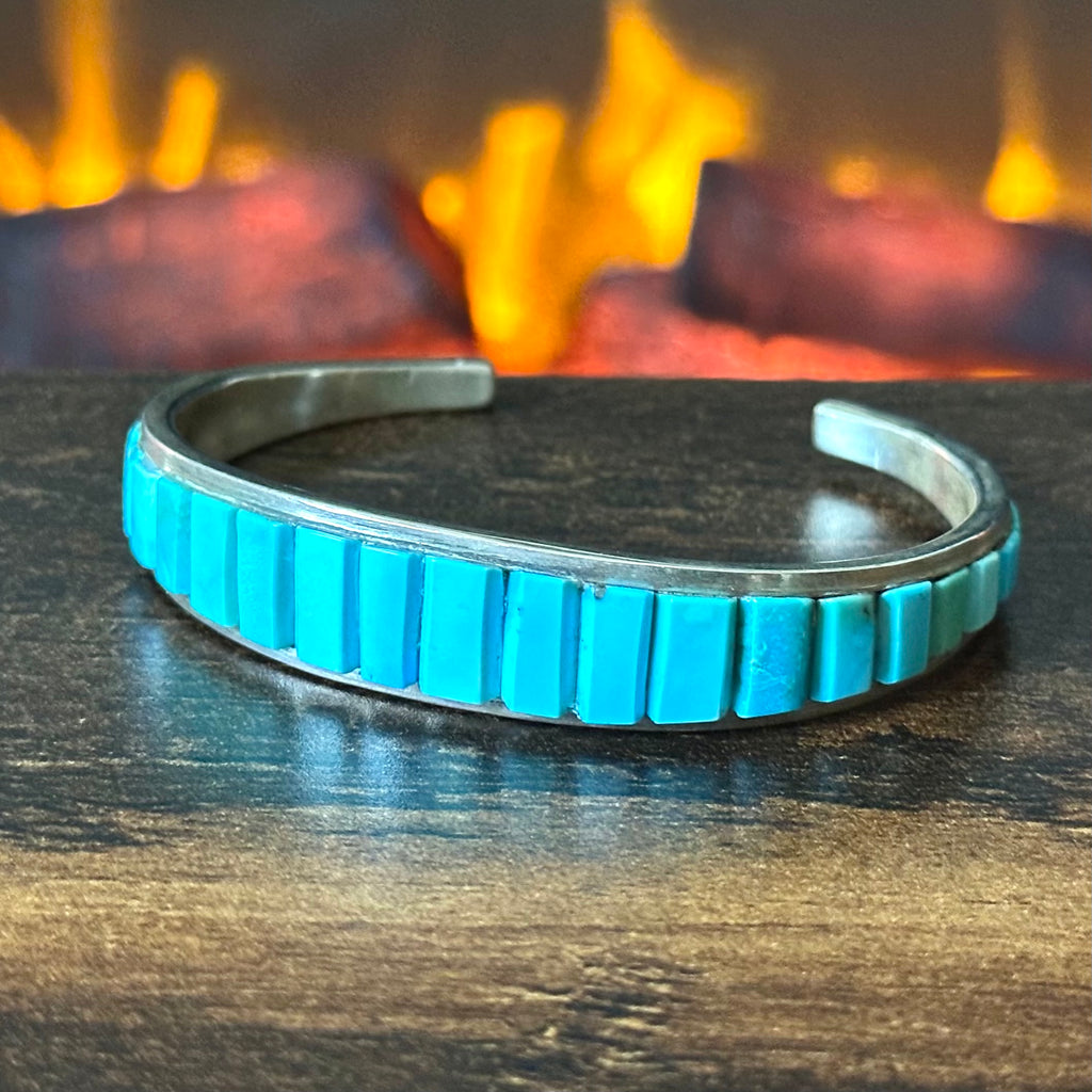 PL Signed Turquoise Sterling Cobblestone Wraparound Inlay Cuff