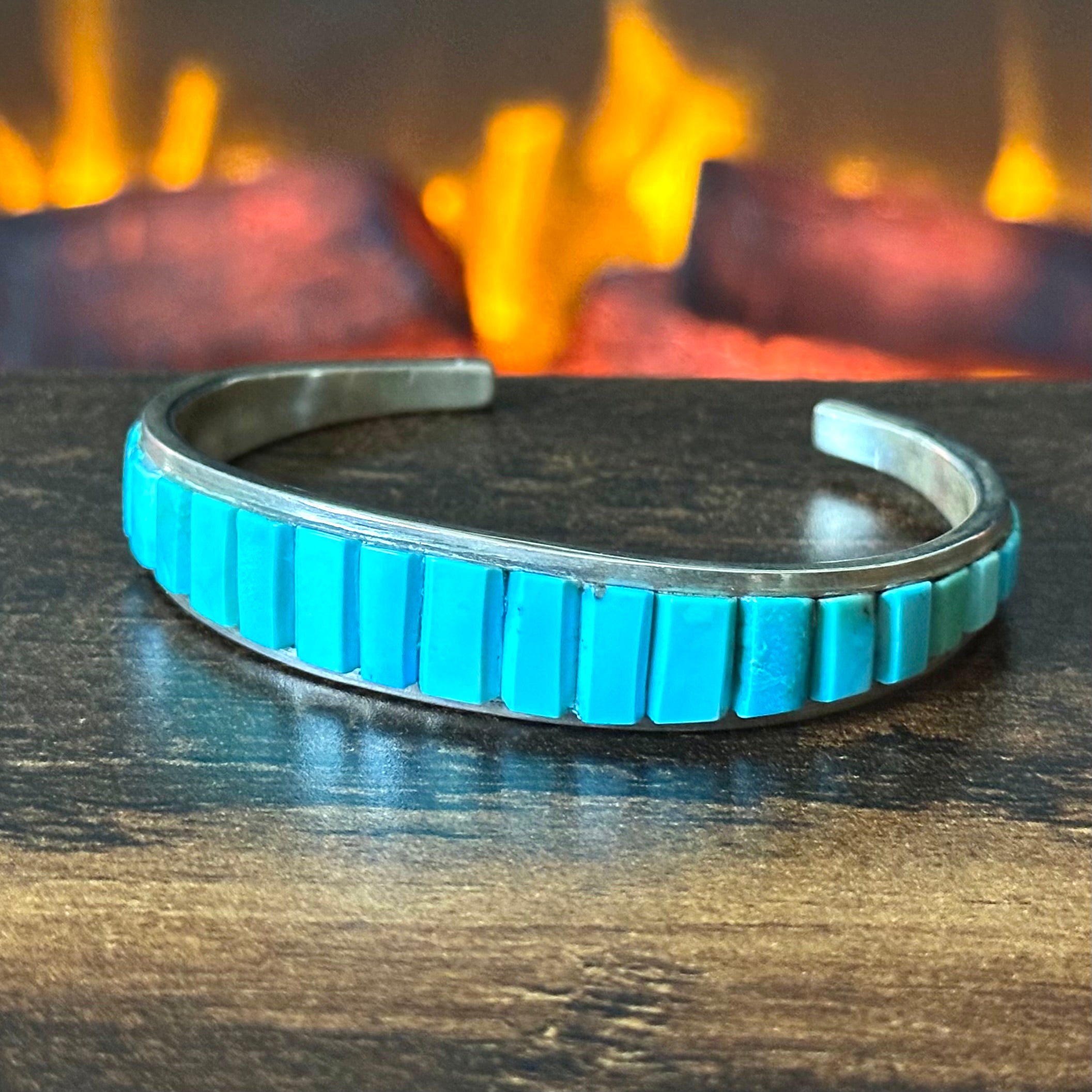 PL Signed Turquoise Sterling Cobblestone Wraparound Inlay Cuff