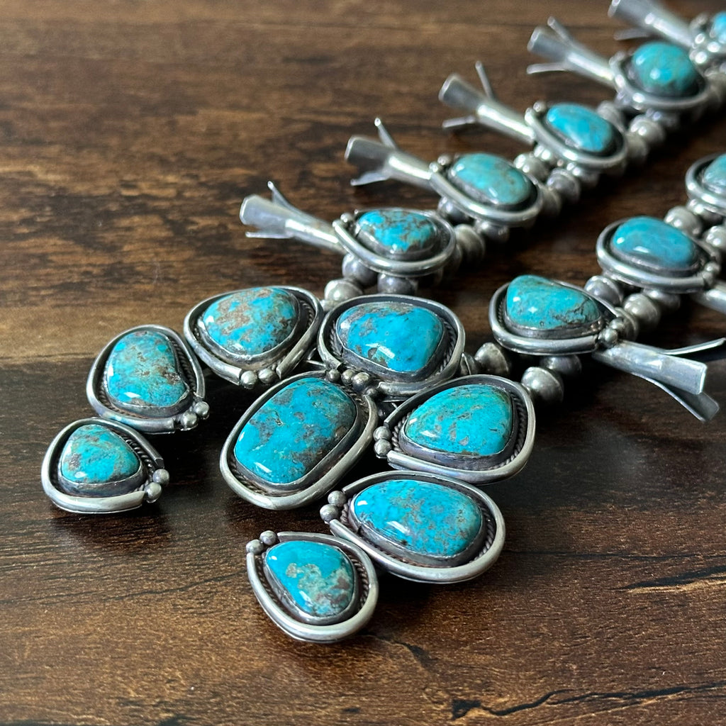 1960-70s Turquoise 18 Stone Sterling Handmade Bead Twist Wire Squash Blossom