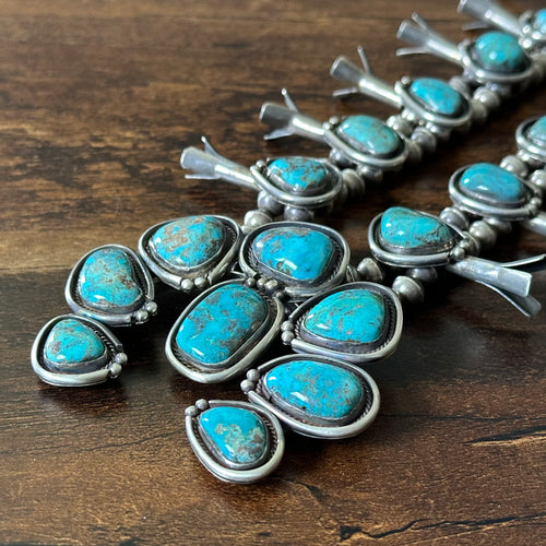 1960-70s Turquoise 18 Stone Sterling Handmade Bead Twist Wire Squash Blossom