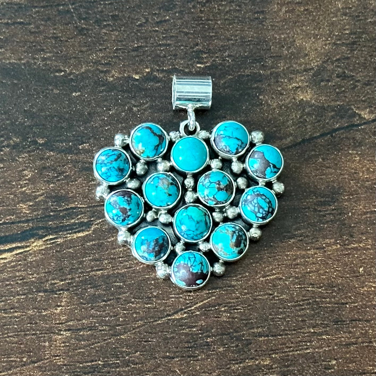 Navajo Martin Perry Turquoise 13 Stone Sterling Raindrop Heart Cluster Pendant