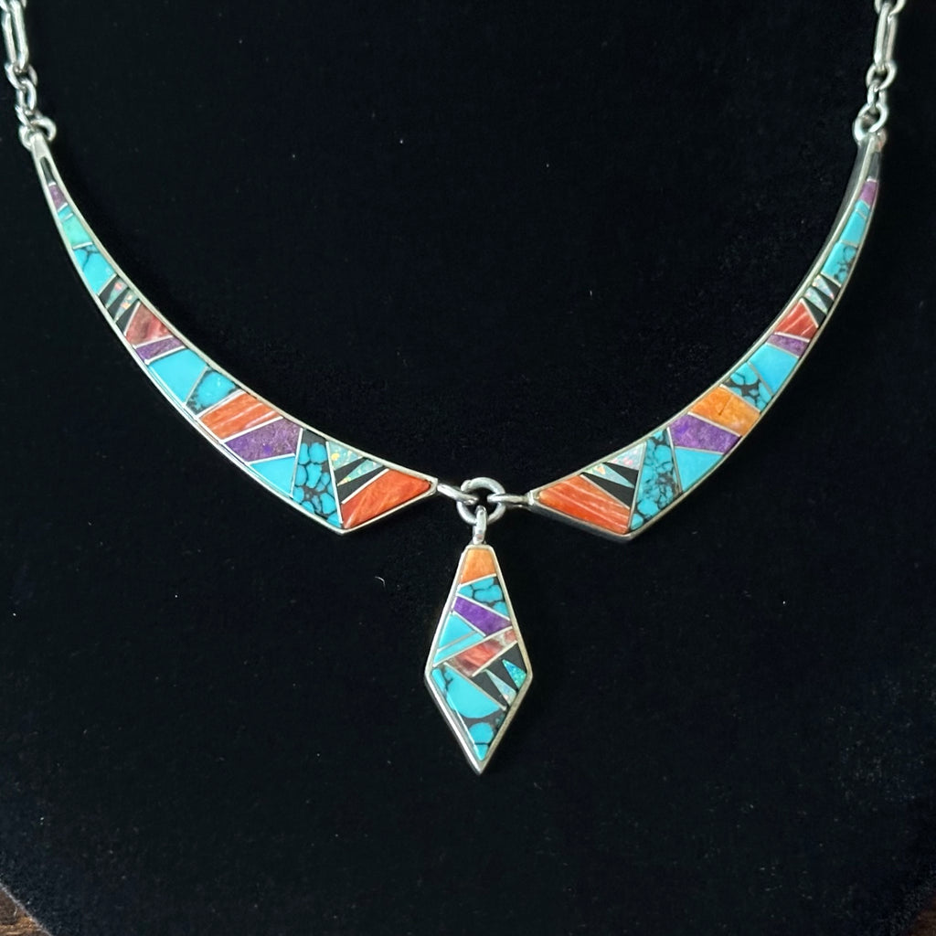Touch of Santa Fe Turquoise Red Coral Spiny Oyster Sugilite Onyx Opal Sterling Inlay Necklace