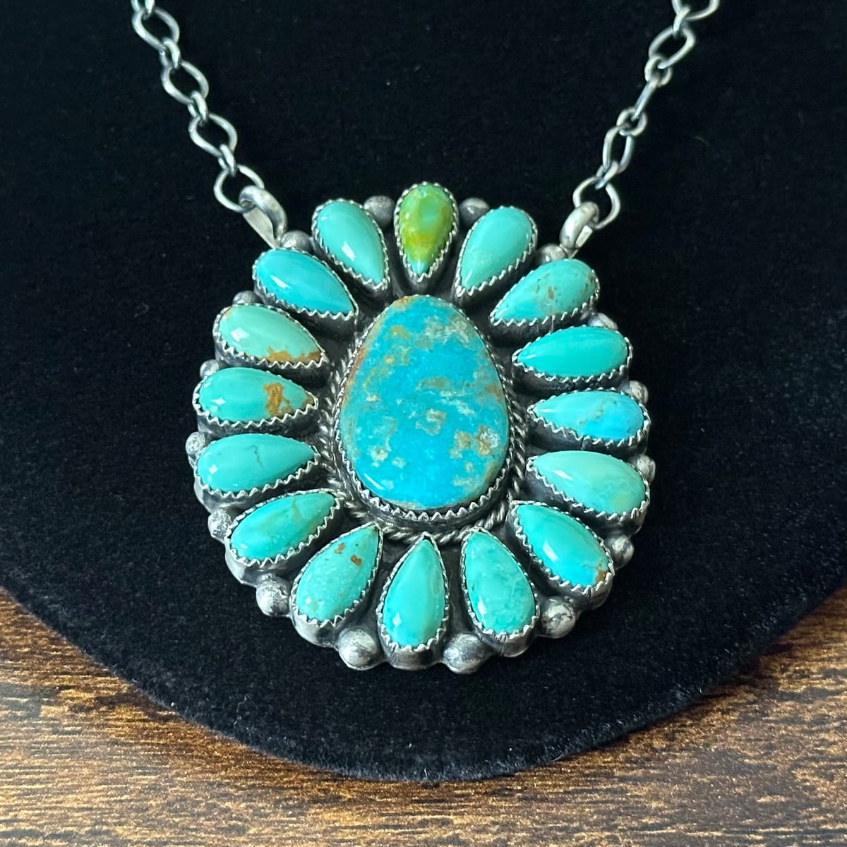 Navajo Effie Garfield Kingman Turquoise 17 Stone Sterling Cluster Raindrop Pendant Necklace