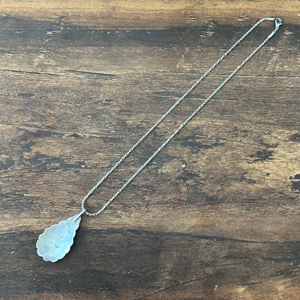 Navajo James W. Tom Sterling Overlay Floral Feather Teadrop Pendant Necklace