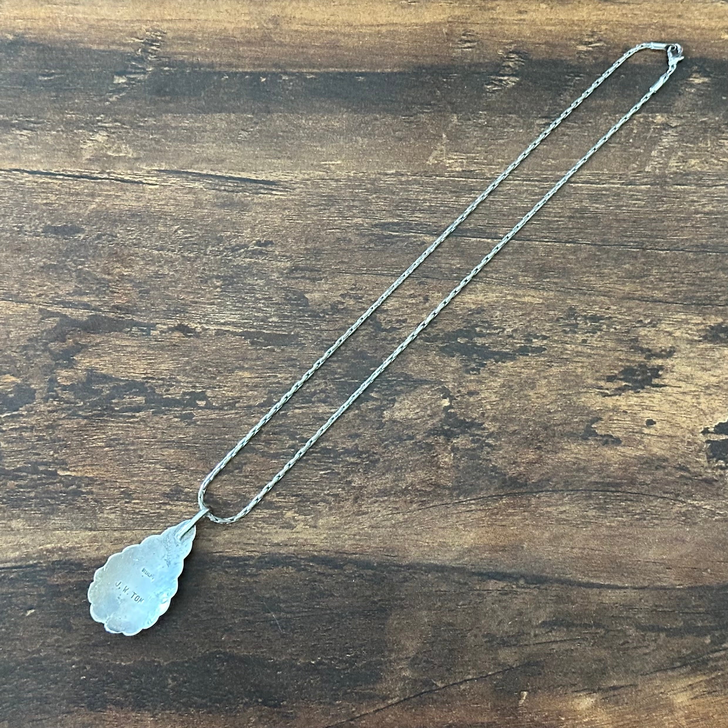 Navajo James W. Tom Sterling Overlay Floral Feather Teadrop Pendant Necklace