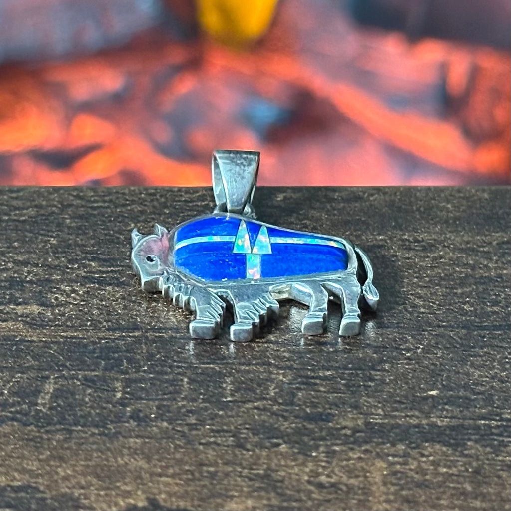 Navajo Anna Begay Lapis Opal Sterling Buffalo Inlay Pendant