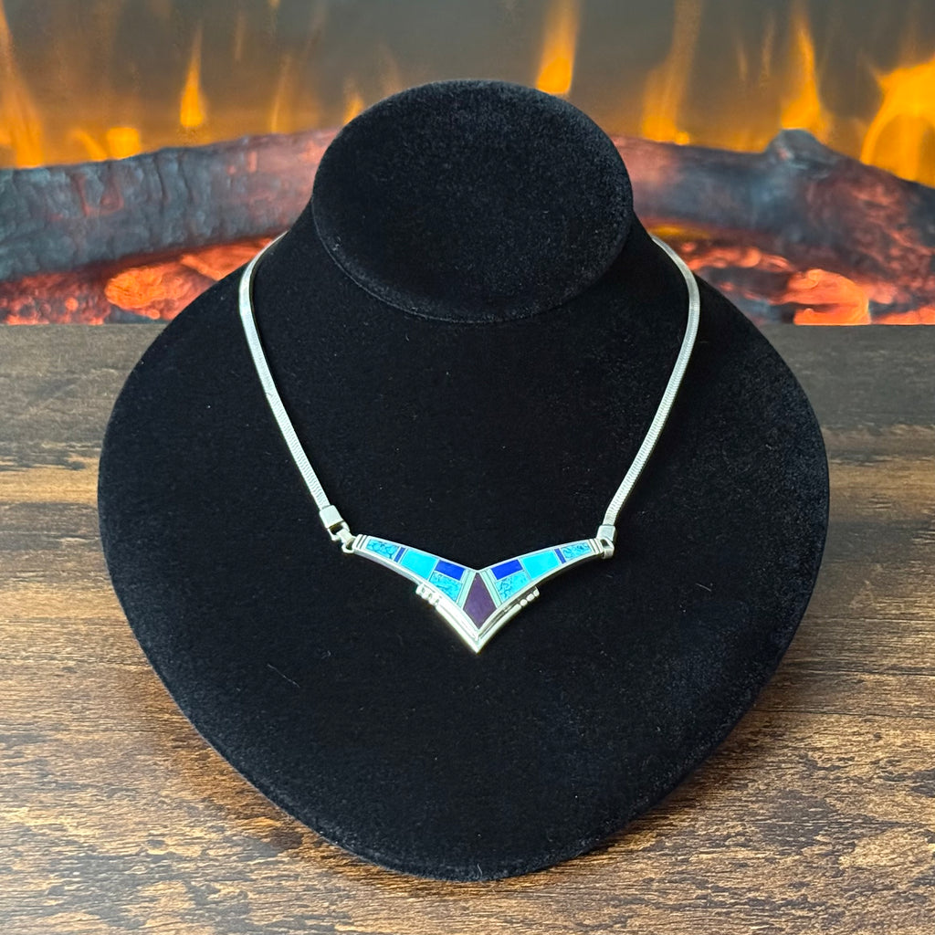 Navajo Charles Willie Turquoise Lapis Sugilite Gaspeite Sterling Chevron Inlay Necklace