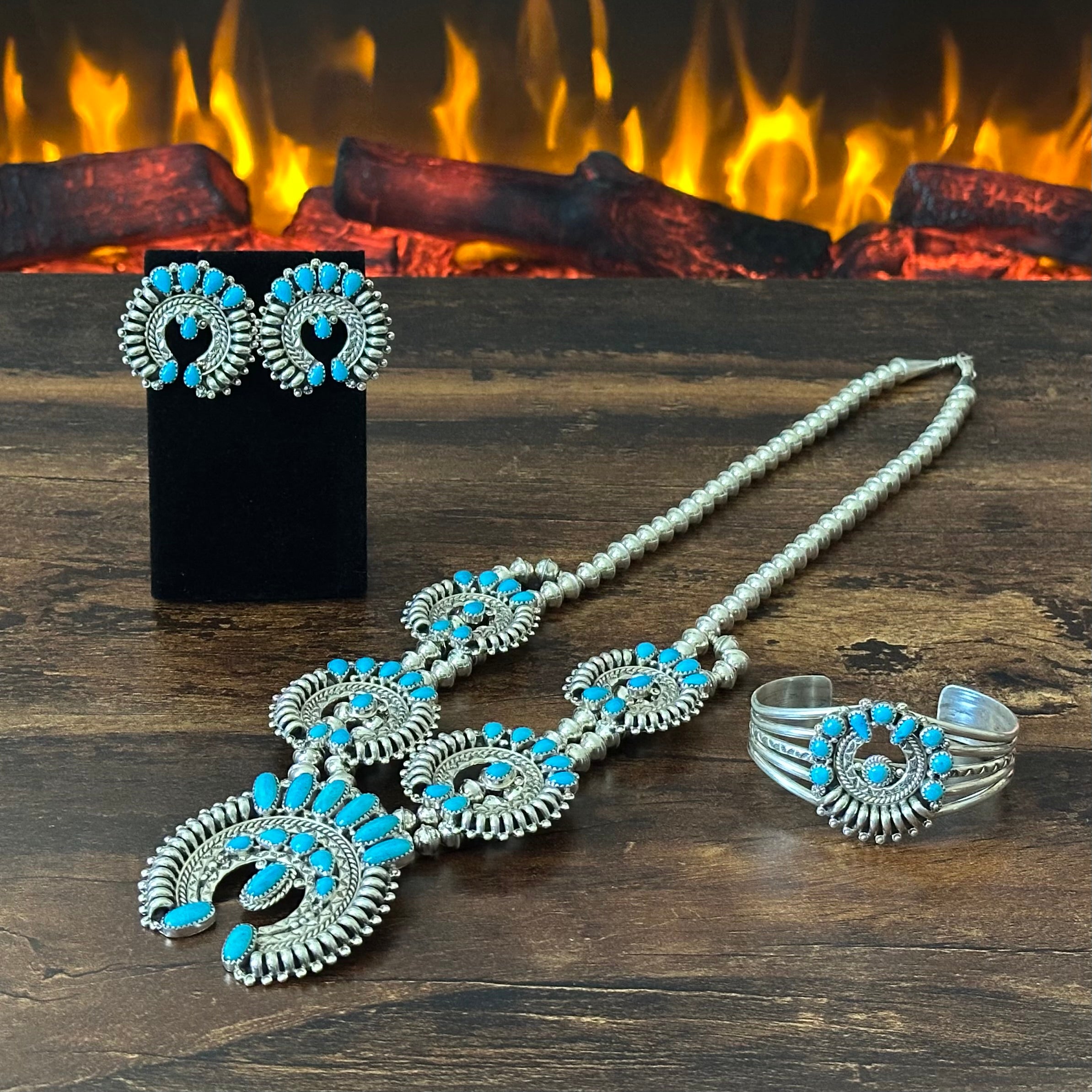 Navajo Nora Tsosie Turquoise 44 Stone Sterling Hand Stamped Petite Point Naja Statement Necklace Earrings Cuff Set