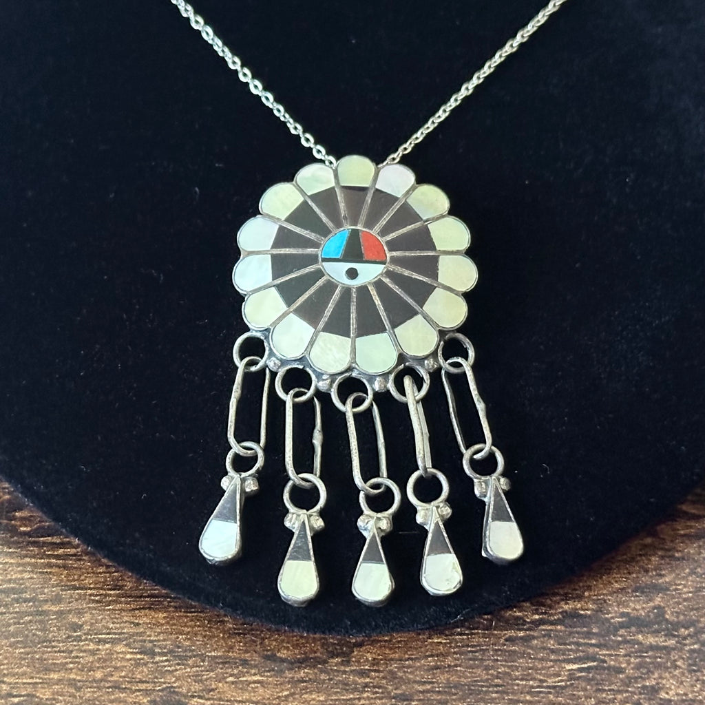 Turquoise Red Coral Jet MOP Sterling Sunface Inlay Tassel Pendant Necklace