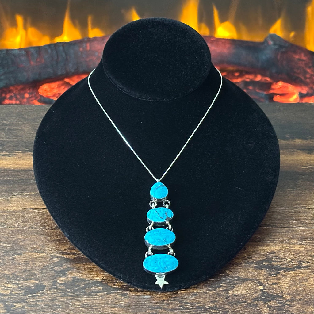 Navajo David Lopez Turquoise 4 Stone Sterling Star Pendant Necklace