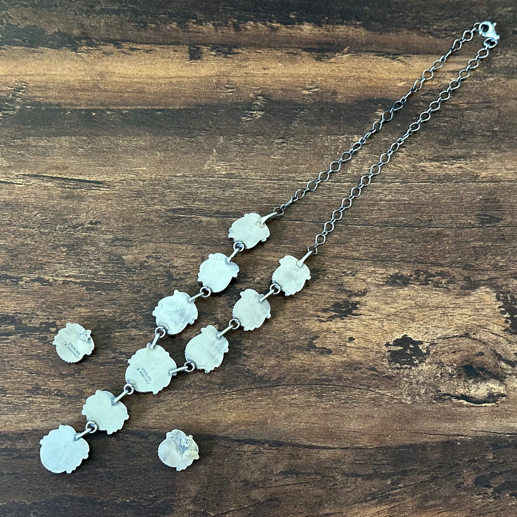 Navajo Freda Martinez 9 Stone Kingman Turquoise Sterling Twist Wire Raindrop Lariat Necklace Earrings Set