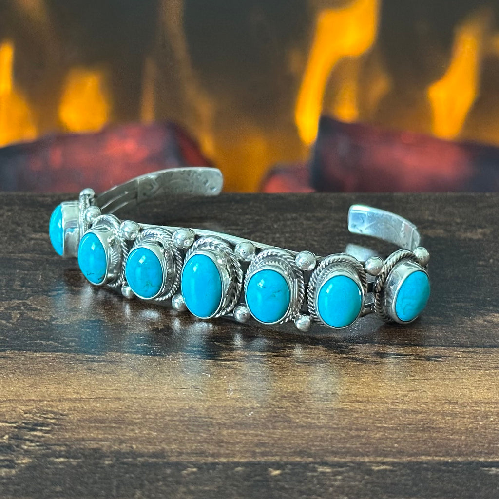 Navajo Jimmy Garcia Turquoise 7 Stone Sterling Twist Wire Bezel Raindrop Cuff
