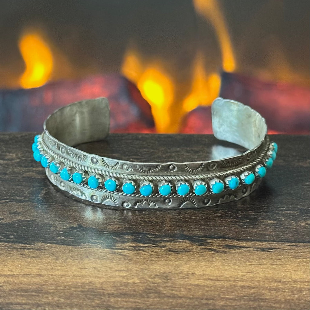 Zuni Jason & Pearl Ukestine Turquoise 21 Stone Sterling Hand Stamped Snake Eye Stacker Cuff