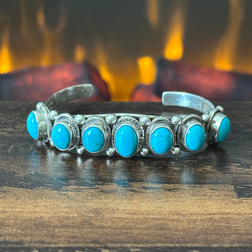 Navajo Jimmy Garcia Turquoise 7 Stone Sterling Twist Wire Bezel Raindrop Cuff