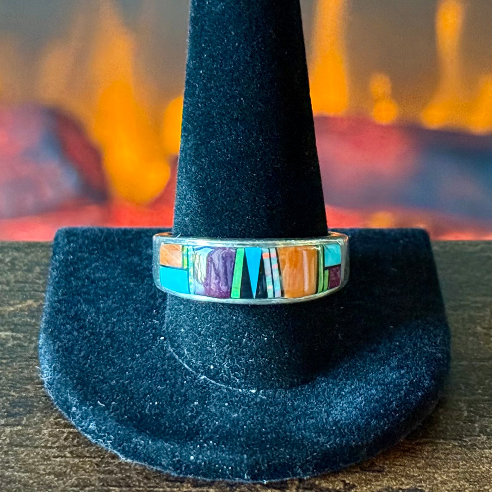 AT Signed Turquoise Spiny Oyster Opal Gaspeite Sterling Inlay Ring