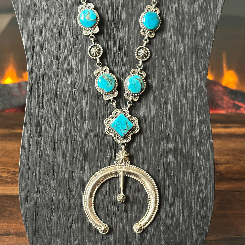 Running Bear Trading Turquoise 5 Stone Sterling Hand Stamped Naja Necklace