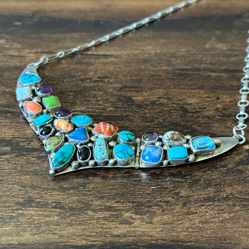 Navajo Emer Thompson Turquoise Spiny Oyster Onyx Lapis Gaspeite Opal Amethyst 23 Stone Sterling Cluster Statement Necklace
