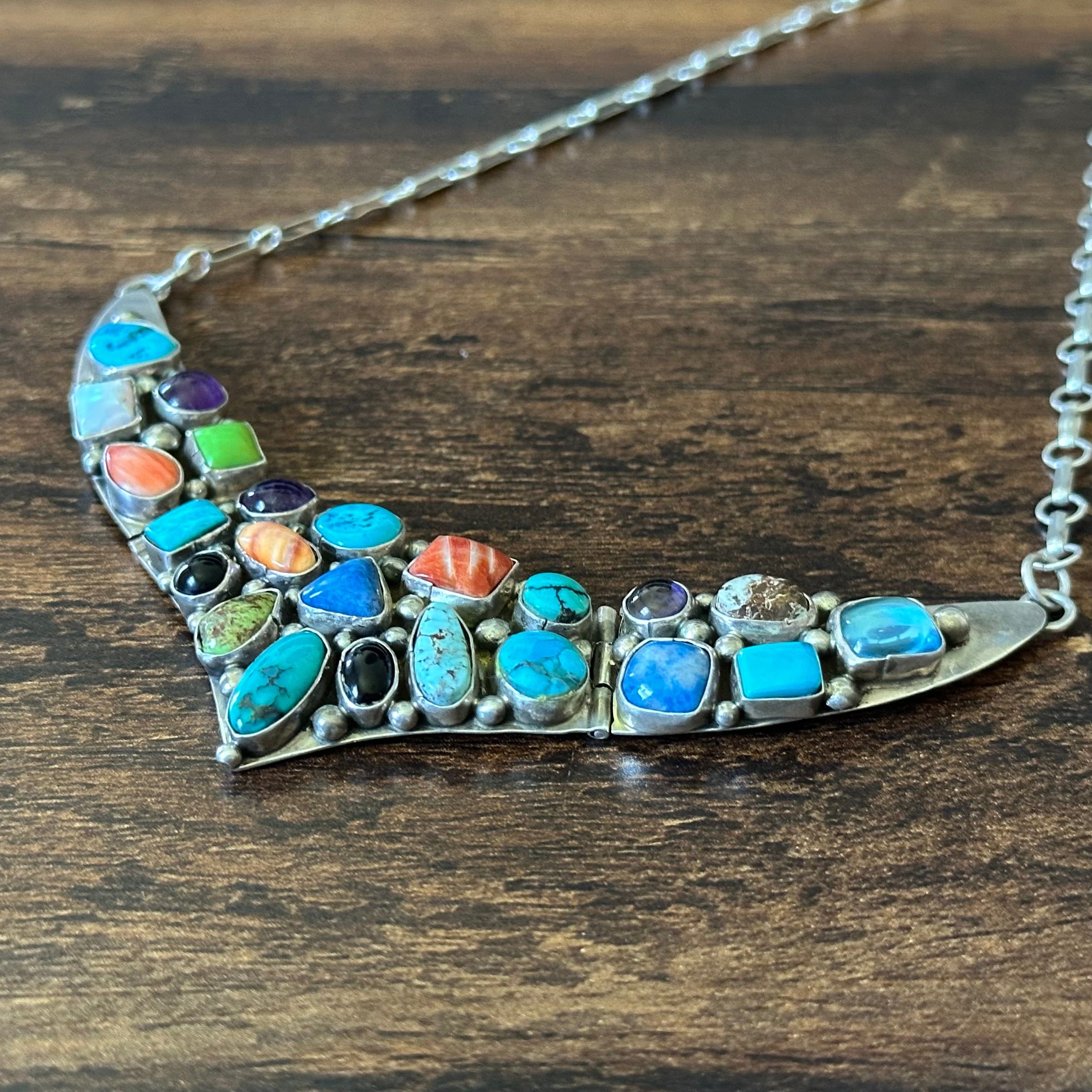 Navajo Emer Thompson Turquoise Spiny Oyster Onyx Lapis Gaspeite Opal Amethyst 23 Stone Sterling Cluster Statement Necklace