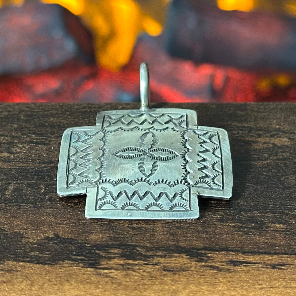 Navajo Jerry Gaussoin Sterling Hand Stamped Zia Cross Pendant