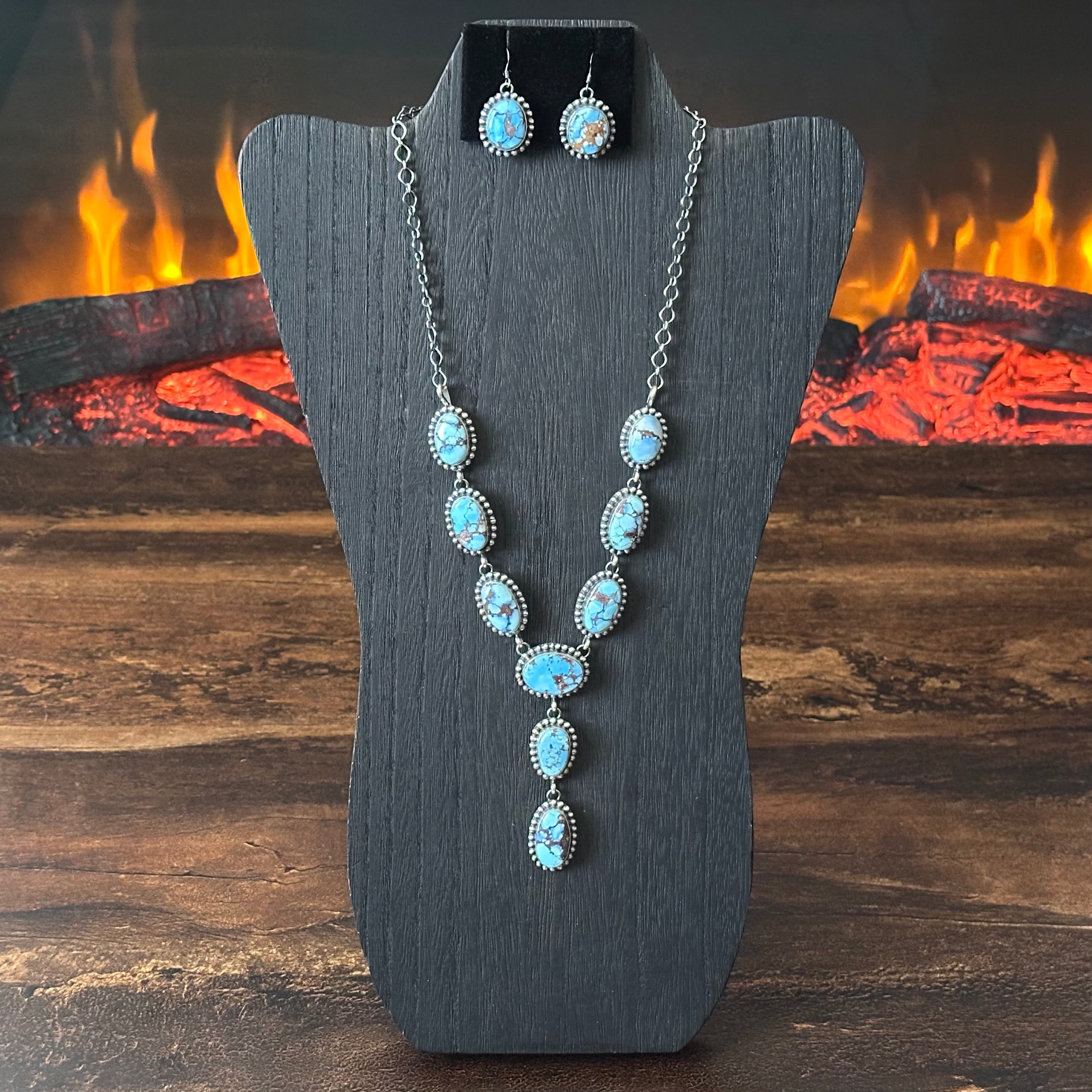 Navajo Mary Ann Spencer Golden Hills Turquoise 9 Stone Sterling Lariat Necklace Earrings Set