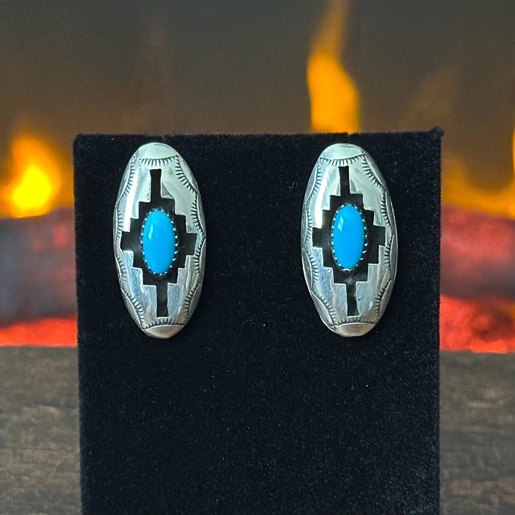 Navajo Felix Perry Turquoise Shadowbox Sterling Hand Stamped Stud Earrings