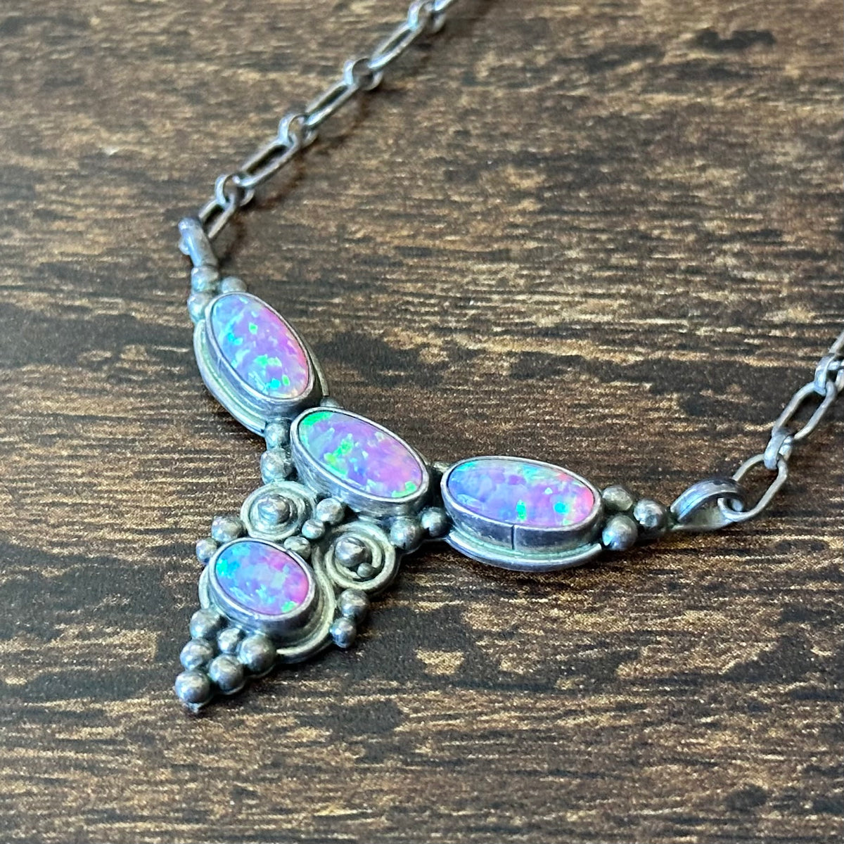 Running Bear Trading Pink Opal 4 Stone Sterling Raindrop Pendant Necklace