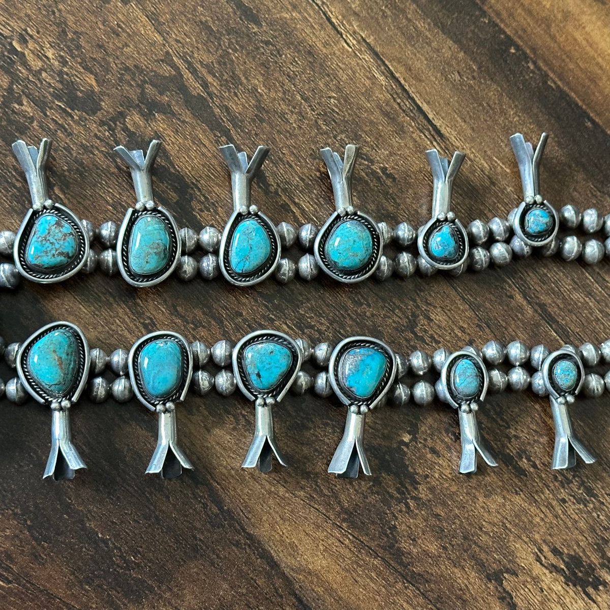 1960-70s Turquoise 18 Stone Sterling Handmade Bead Twist Wire Squash Blossom