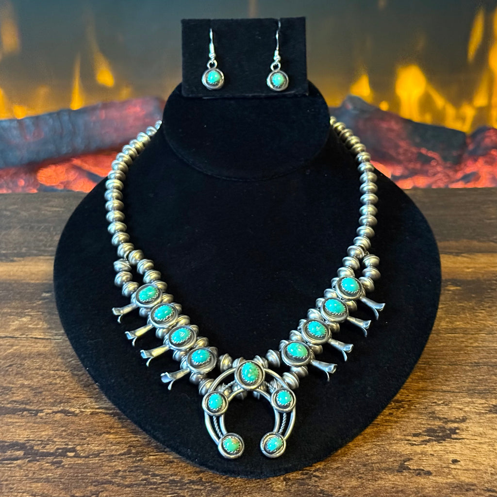 Navajo Phil & Lenora Garcia Sonoran Gold Turquoise 13 Stone Oxidized Sterling Squash Blossom Earrings Set