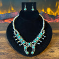 Navajo Phil & Lenora Garcia Sonoran Gold Turquoise 13 Stone Oxidized Sterling Squash Blossom Earrings Set