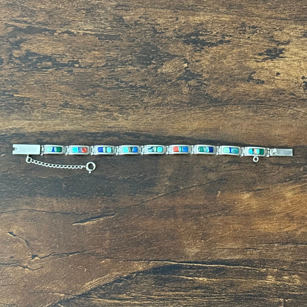 Navajo Calvin Begay Turquoise Lapis Spiny Oyster Malachite Sterling Inlay Bracelet