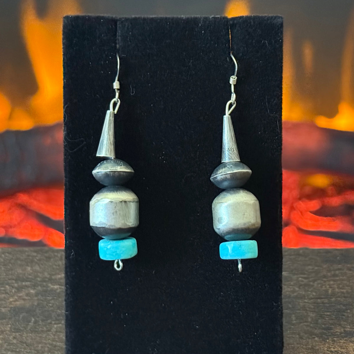 Navajo Sophia Becenti Turquoise Sterling Graduated Handmade Stamped Cylinder Bead Necklace Earrings Set