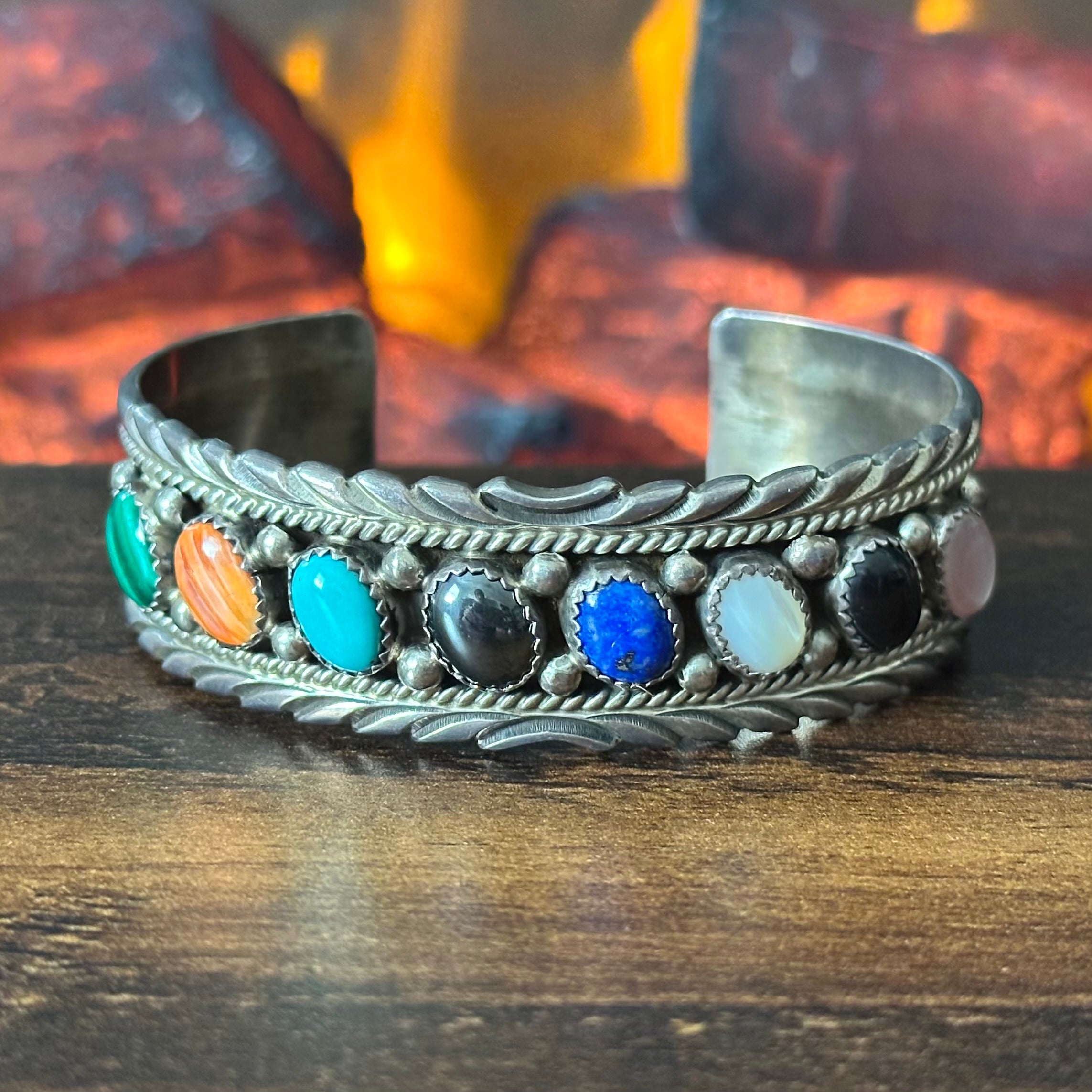 Navajo James Shay Rainbow Multi Stone Sterling Twist Wire Raindrop Cuff