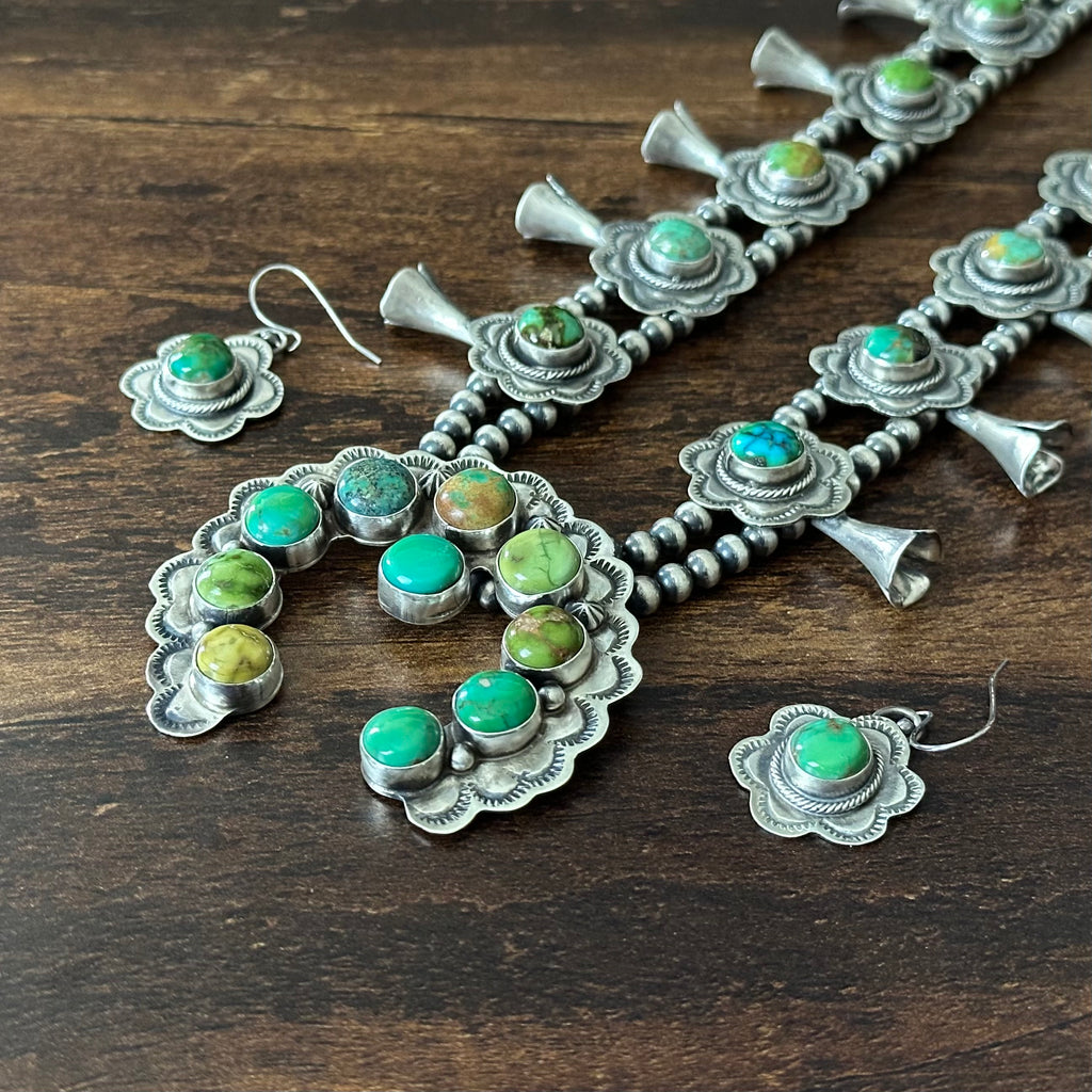 Navajo Danny Henio Sonoran Gold 20 Stone Hand Stamped Squash Blossom Earrings Set