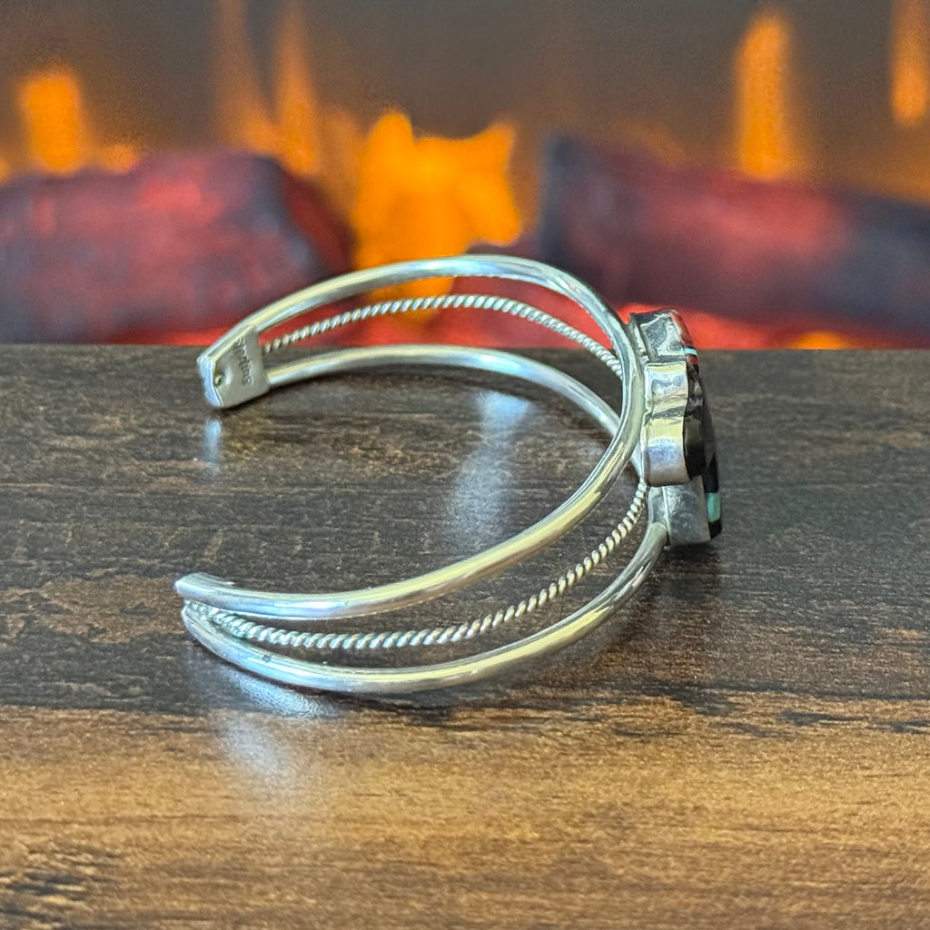 Navajo Gilbert Smith Turquoise Onyx Spiny Oyster Mother of Pearl Bear Micro Inlay Sterling Twist Wire Cuff