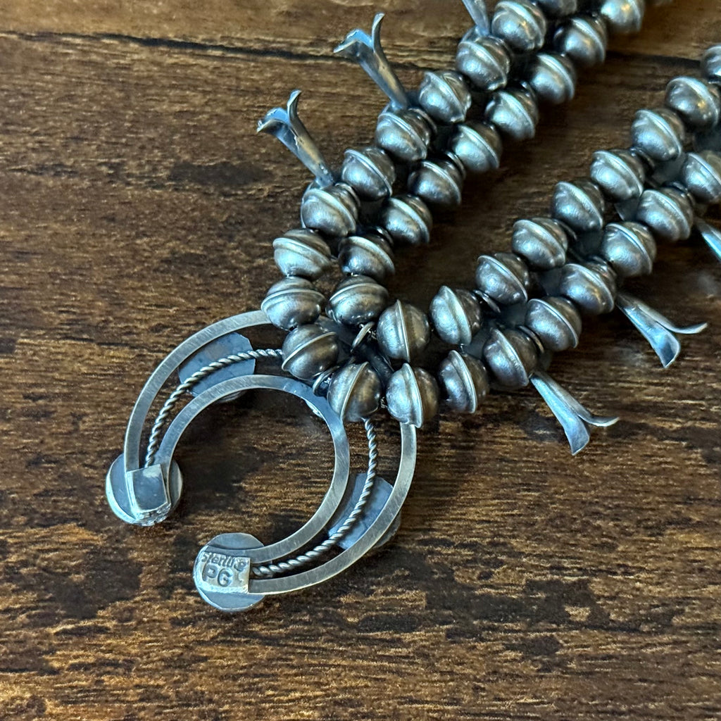 Navajo Phil & Lenora Garcia Sonoran Gold Turquoise 13 Stone Oxidized Sterling Squash Blossom Earrings Set