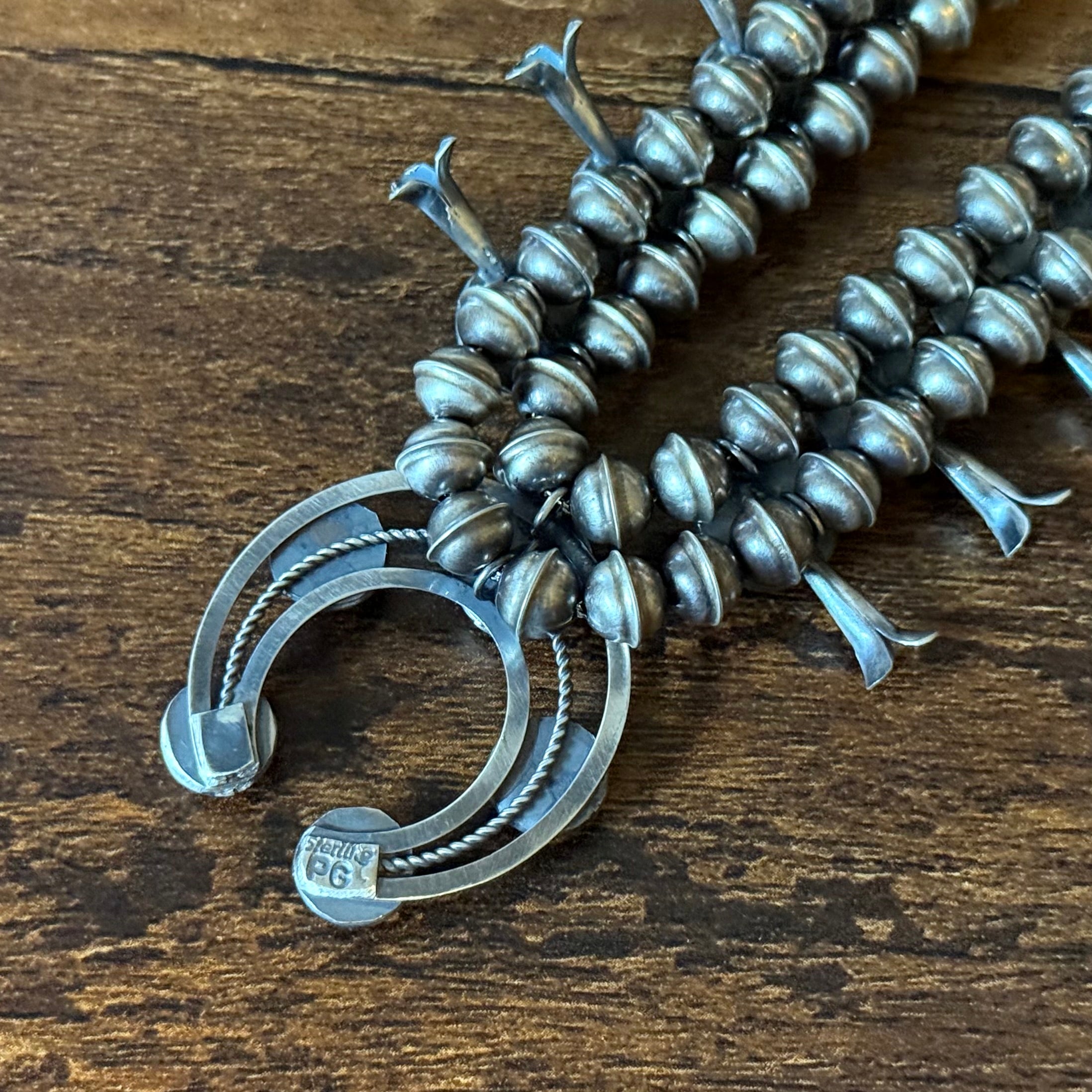 Navajo Phil & Lenora Garcia Sonoran Gold Turquoise 13 Stone Oxidized Sterling Squash Blossom Earrings Set