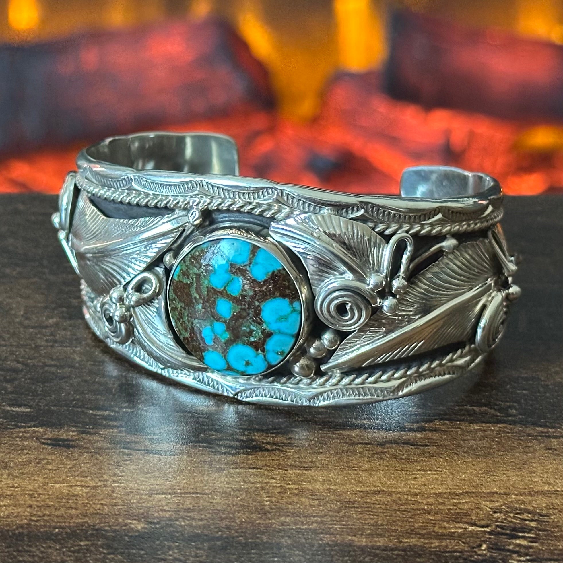 Navajo Darrell Morgan Turquoise Sterling Hand Stamped Ornate Feather Statement Cuff