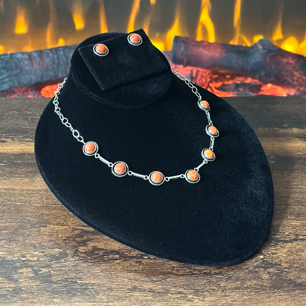 Navajo Martin Perry Spiny Oyster 7 Stone Sterling Shadowbox Station Necklace Earrings Set