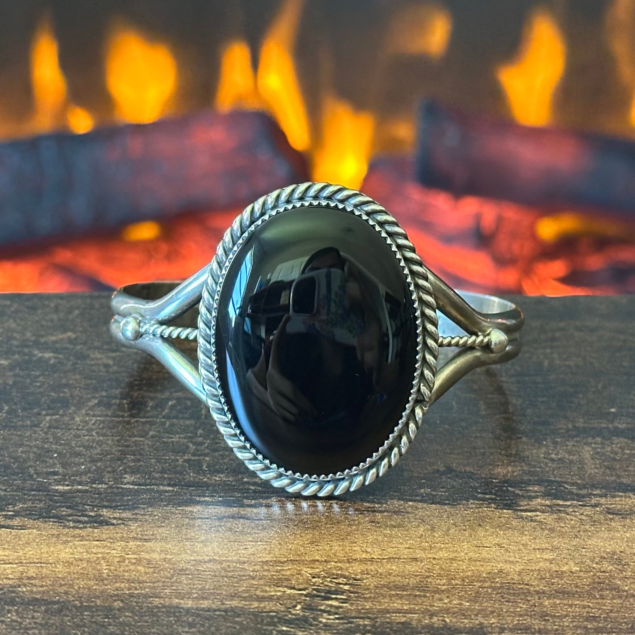 Navajo Pat Yazzie Onyx Sterling Twist Wire Bezel Statement Cuff