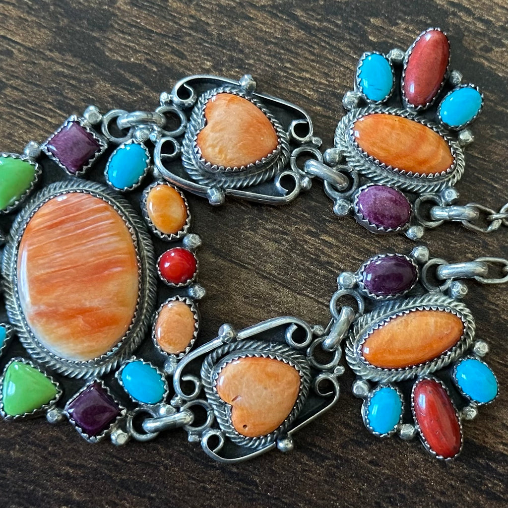 Navajo Roie Jaque Turquoise Spiny Oyster Gaspeite 25 Stone Sterling Cluster Heart Choker Necklace
