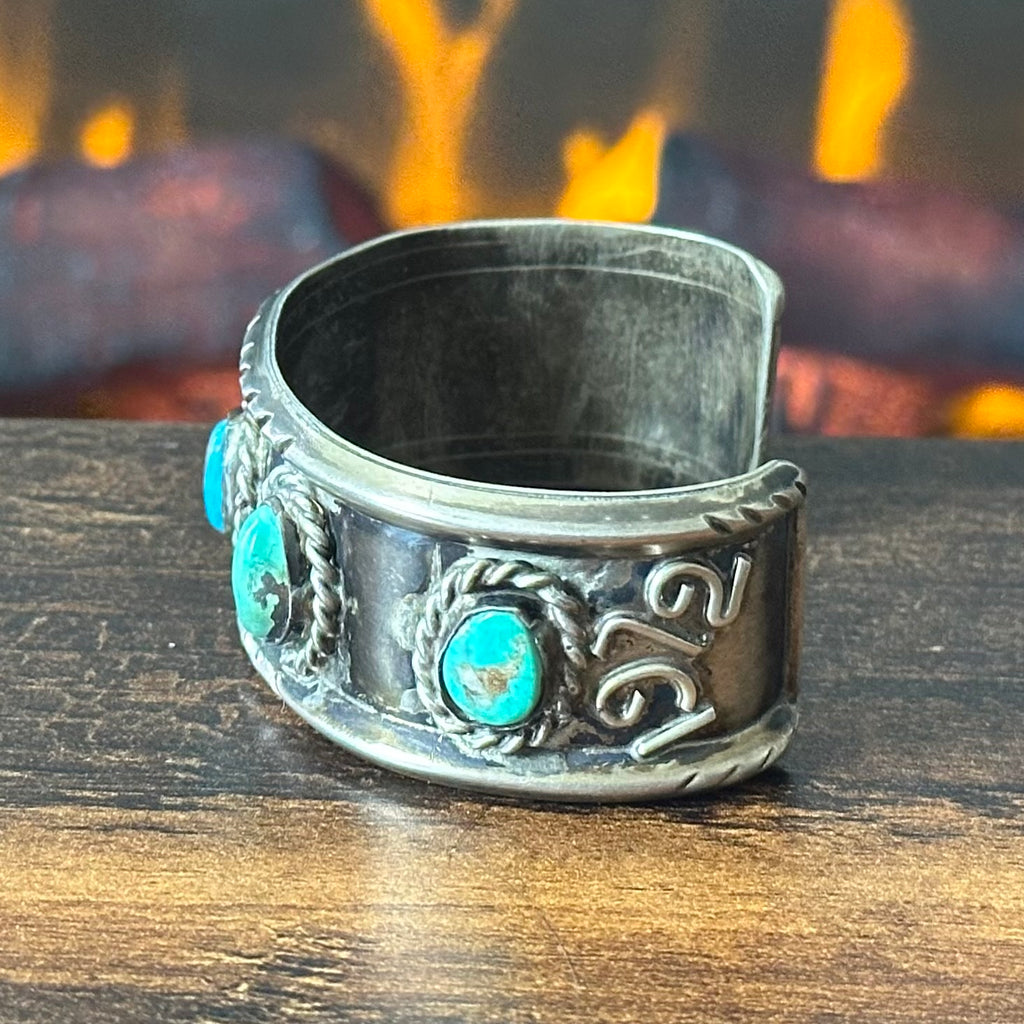 Vintage Turquoise 5 Stone Sterling “1972” Twist Wire Statement Cuff